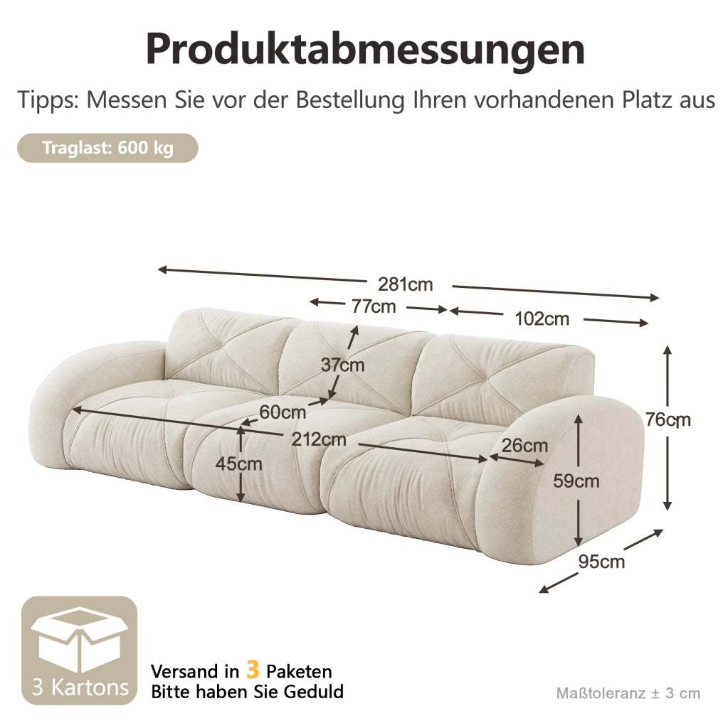 Divano modulare 3 posti senza struttura in chenille beige chiaro