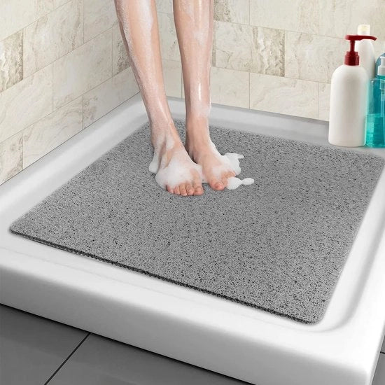 Mat di sicurezza antiscivolo 60 x 60 cm, con fori di drenaggio, con massa di Loofah per bagni, materasso di PVC per zone umide, rapido asciugamento (grigio, 60 x 60 cm)