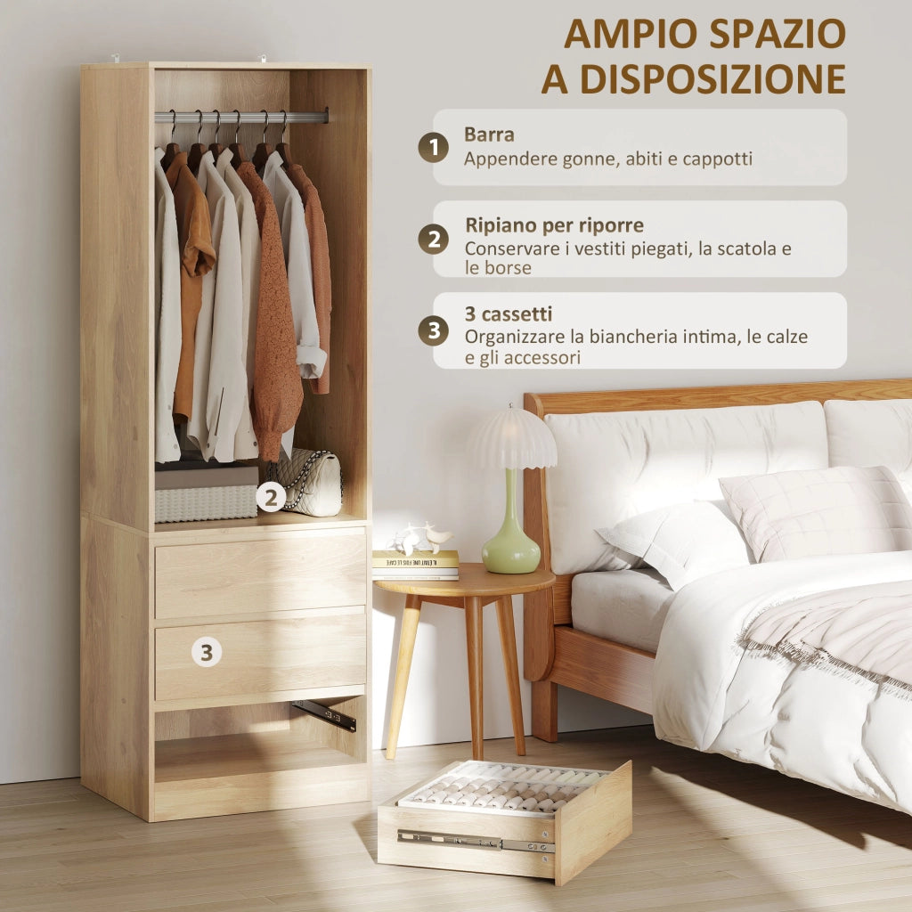 Armadio Guardaroba con Ante, Cassetti e Appendiabiti ¨C Minimal ¨C Legno Teak 60x48.5x185 cm