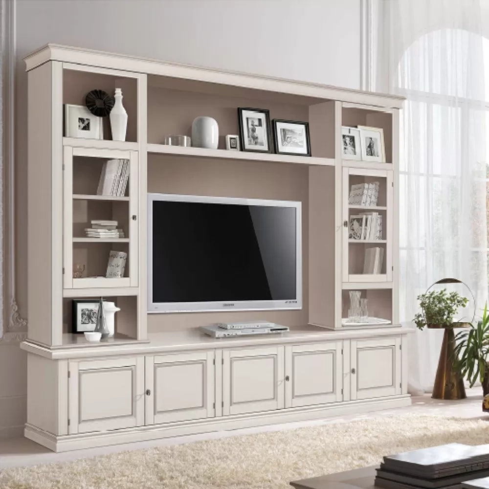 Parete attrezzata in legno shabby avorio anticato 243x50x227 - Mobili 2G