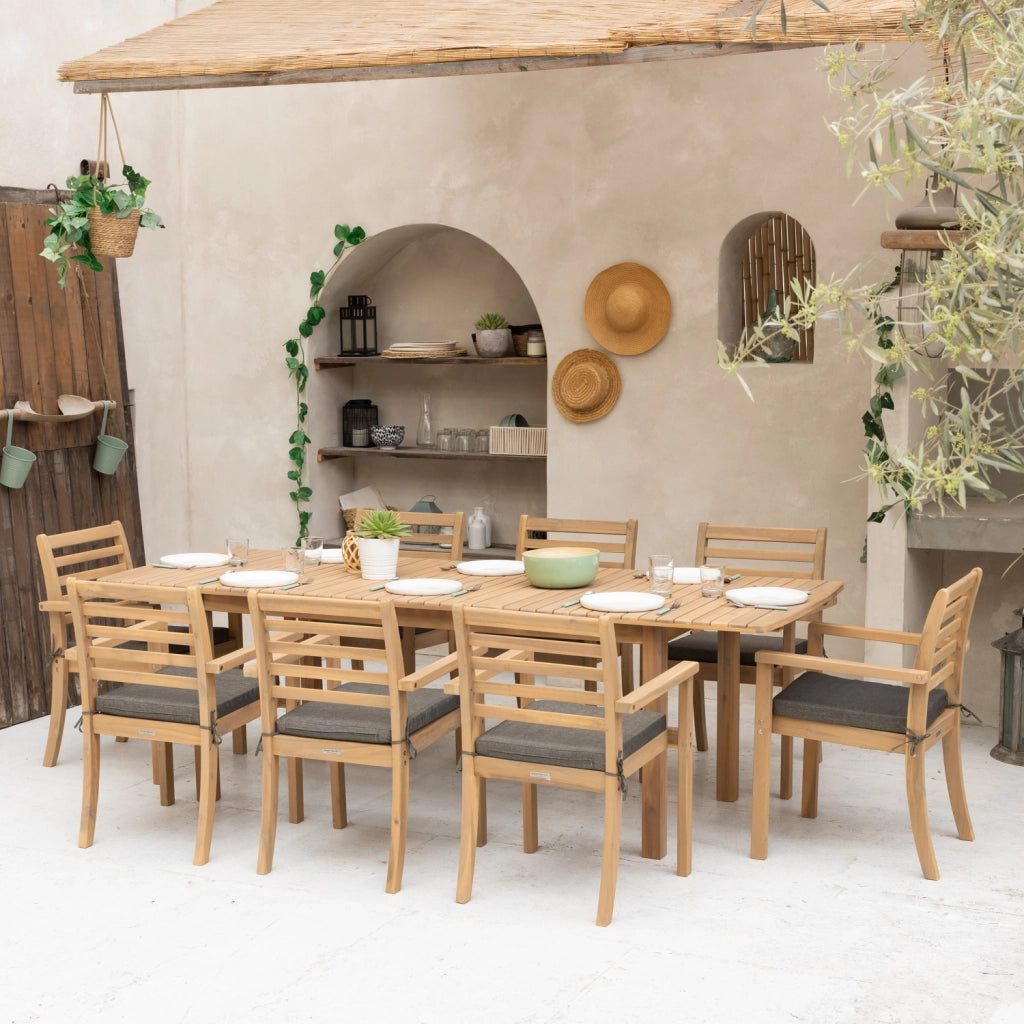 Set di mobili da giardino allungabili 180/240cm PADAR in legno di acacia 8 posti - cuscini grigi