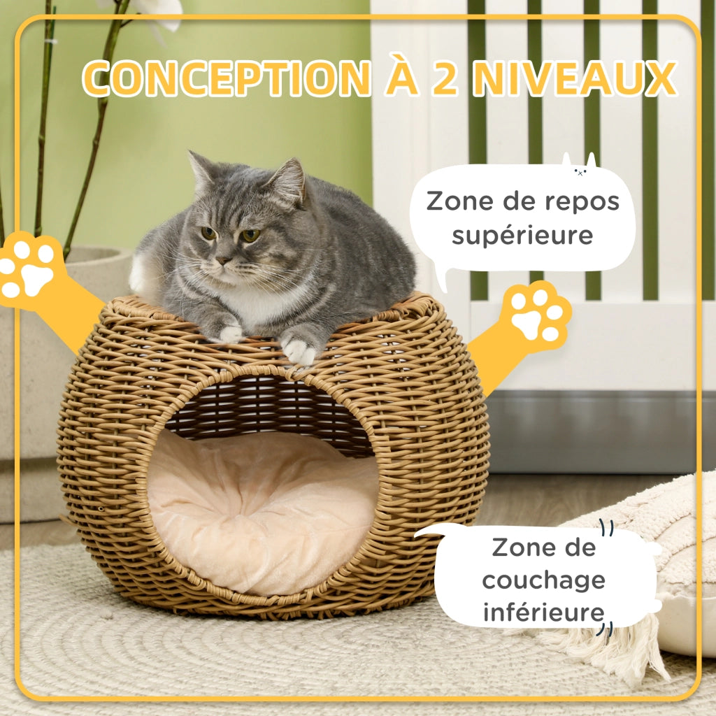 Cesta per Gatti a 2 Livelli ¨C zephmum ¨C Resina Effetto Rattan con Cuscino Marrone Chiaro ?40x30cm