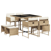 Set da Pranzo da Giardino 9 pz | Set Salotto da Giardino con Cuscini Beige in Polyrattan