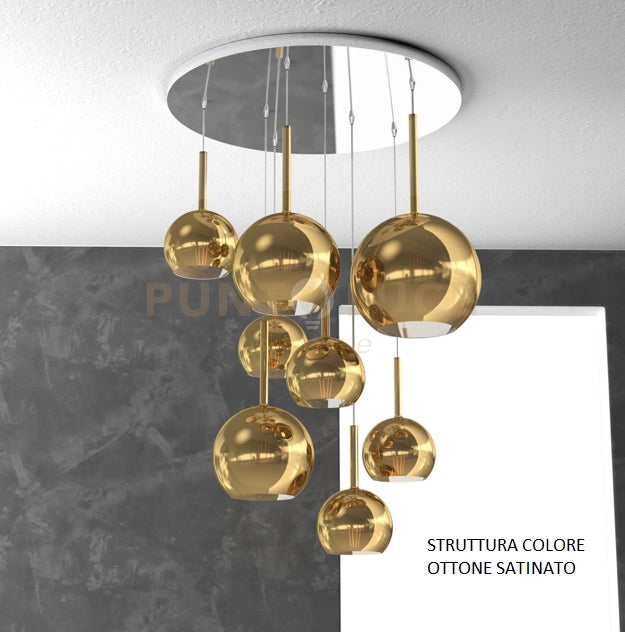 SOSP. OTTONE SAT. TONDA 8 LUCI VETRI (1 GRANDE+2 MEDIO +5 PICCOLO) TUTTI ORO 1155OS-S8 TMIX-OR