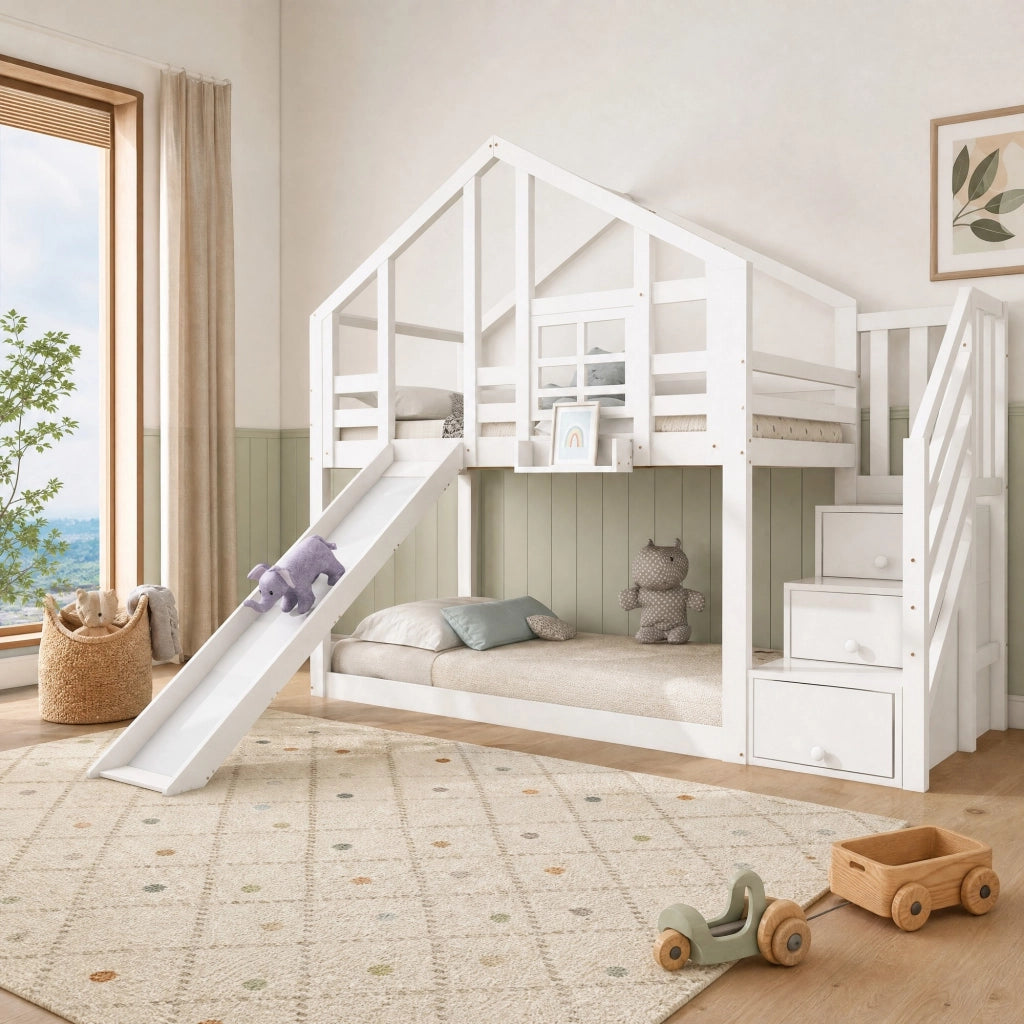 Letto a castello a casetta 90x200 cm con scivolo, bianco