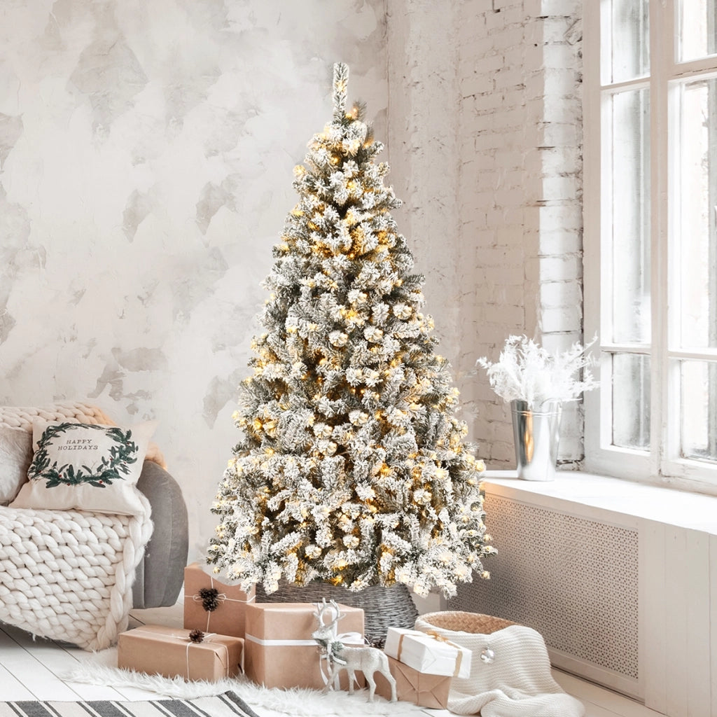 Albero di Natale 180 cm in PVC 600 rami, Abete artificiale innevato illuminato con solida base di metallo, Bianco-Alberi di Natale