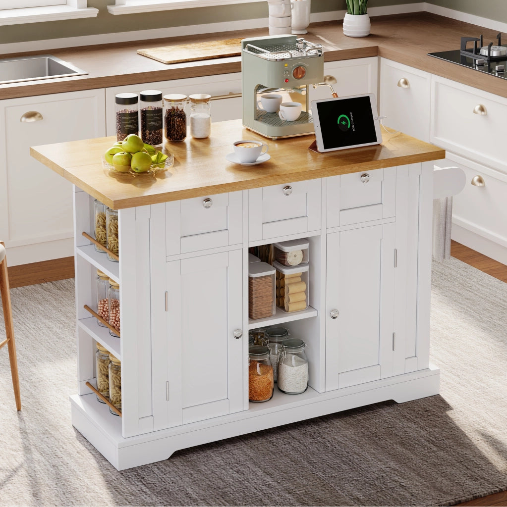 Isola cucina mobile con piano estensibile, cassetti, presa e ruote