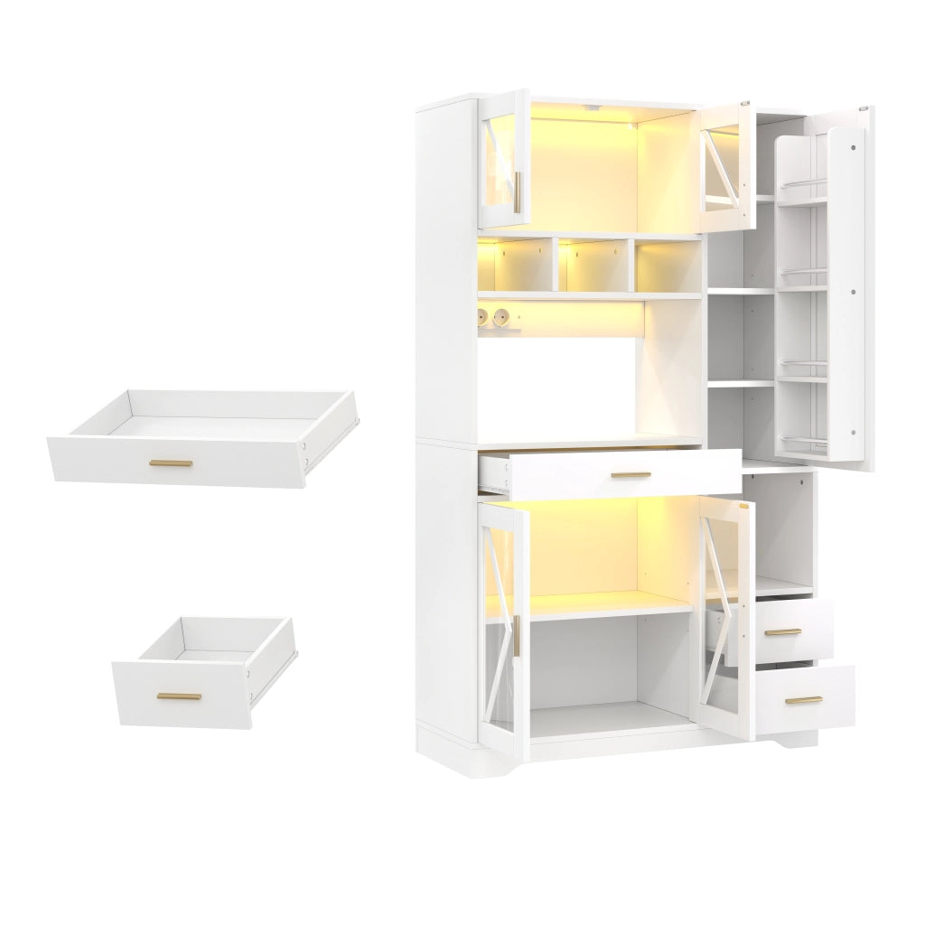 Credenza buffet con ripiani regolabili, LED a colori, prese USB e AC, vetrine in vetro, bianco 105 × 40 × 185 cm