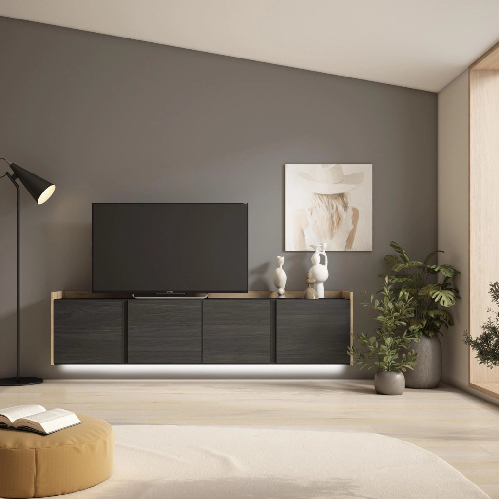 Mobile TV Soggiorno, 207x50x35 cm, Per TV fino a 80", Sospeso, da appendere, LED, Nero e rovere
