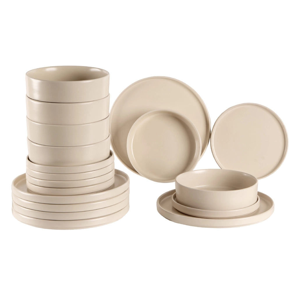 Set 18 Piatti in Porcellana Colorati Servizio Tavola Moderno 6 Persone Piatti Piani Ø27 cm, Fondi Ø20 cm e Dessert Ø19 cm Lavastoviglie e Microonde Certificati per Contatto Alimentare Crema