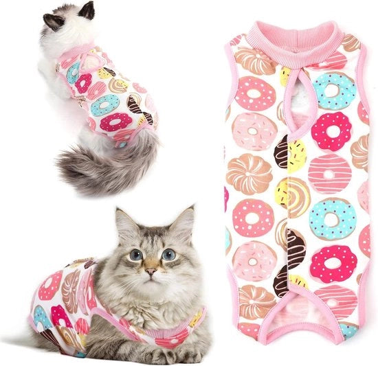 Kit di Recupero per Gatti - Alternativa per la Collana dopo l'Operazione - Gatto Abito per Casa - Abbigliamento per Animali - Disegno Donut (M)