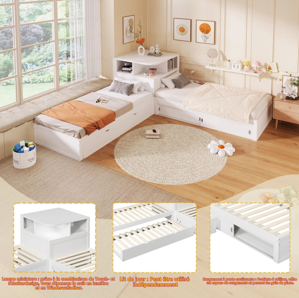 Letto singolo 90x200 cm con letto estraibile; spazio contenitore e luce notturna; bianco