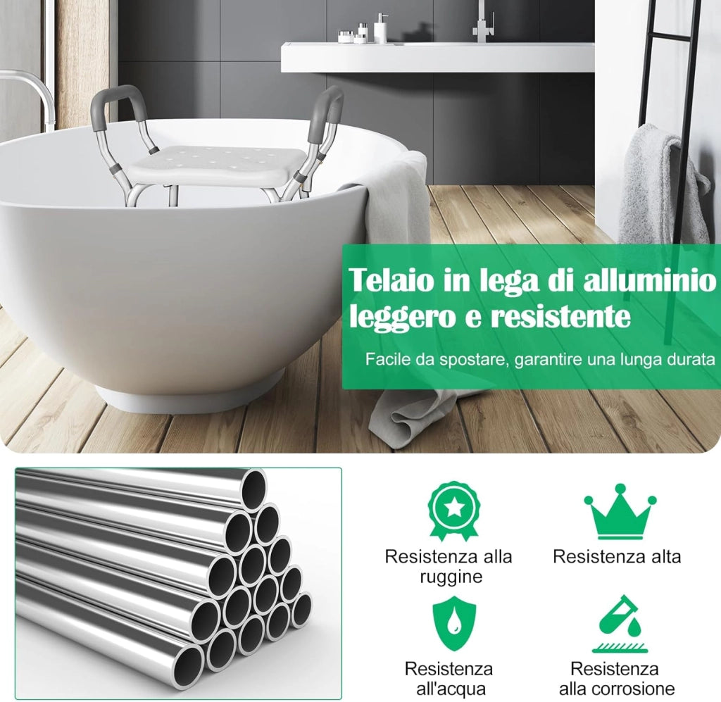 Sgabello Doccia, Sedia per Doccia Regolabile in 6 Altezze con Braccioli Imbottiti Staccabili e Piedini in Gomma Antiscivola, Portata 100 kg, Seggiolino da Bagno per Anziani (Blu) (Grigio)