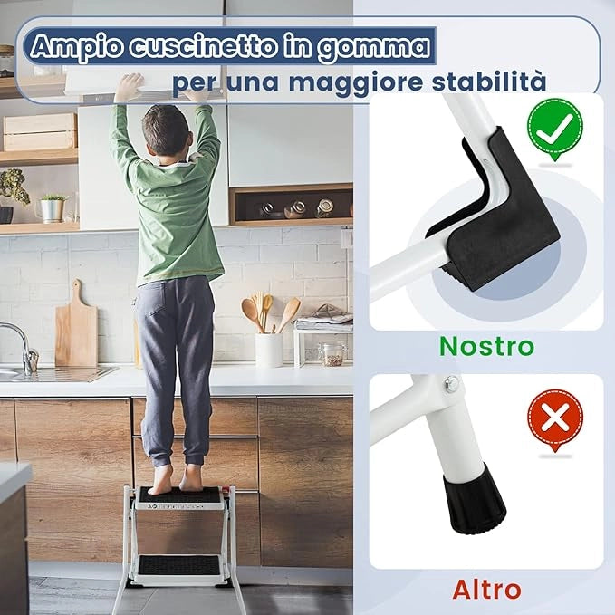 Scaletta con 2 Gradini, Sgabello Pieghevole con Telaio in Metallo, Tappetini e Pedali Antiscivolo, Capacità di Carico di 150 kg, per Casa, Ufficio, Fattoria e Garage