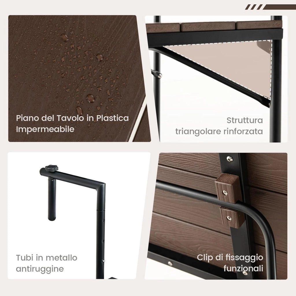 Tavolino Pieghevole da Balcone, Regolabile in Altezza, Tavolo da Appendere Adatto a Ringhiera da 3-15 cm, 62,5x60x84 cm, per Giardino Esterno Terrazzo (Marrone)