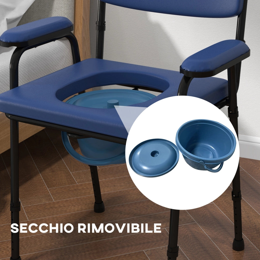 Sedia Comoda 5 in 1 per Anziani e Disabili per WC e Doccia. Altezza Regolabile e Secchio Rimovibile. Blu