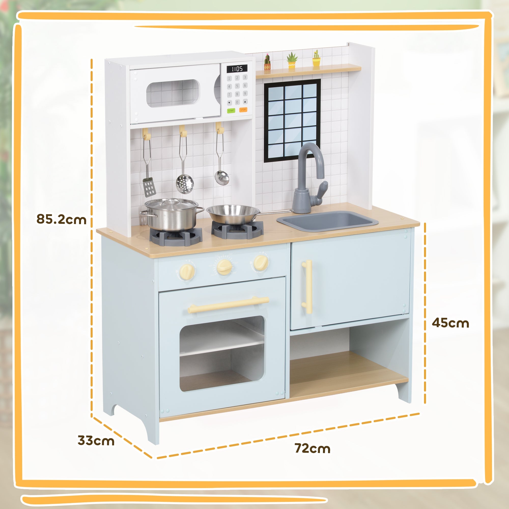 Cucina Giocattolo per Bambini con Fornelli e Armadietti 72x33x85,2 cm in Legno e PP Blu e Bianco