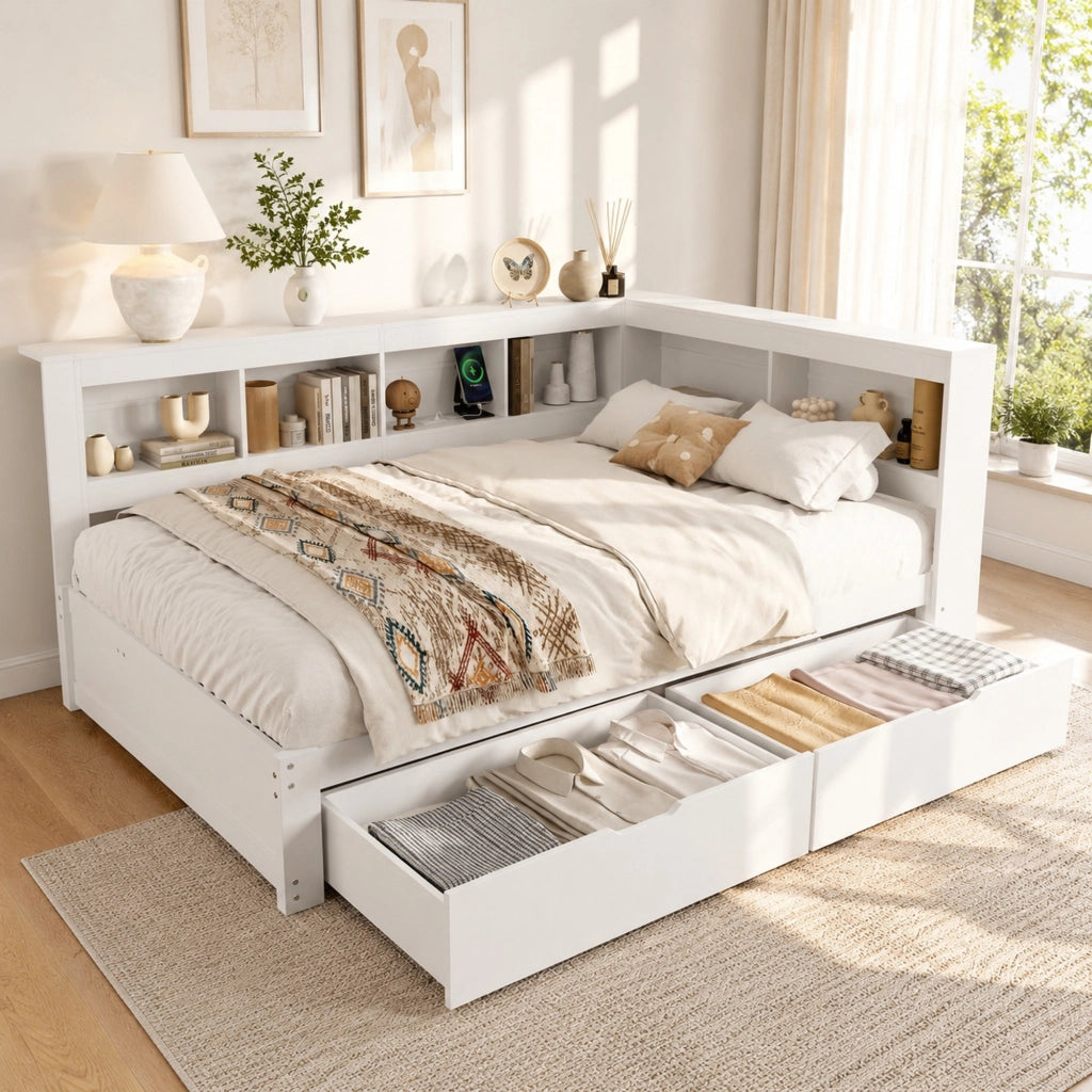 Letto da giorno 140x200 cm con USB, presa e 2 cassetti