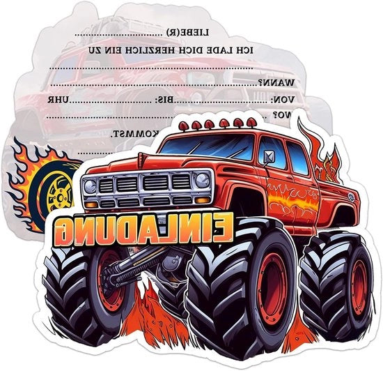 Carte di invito per compleanno bambino con tema ragazzo e monster truck
