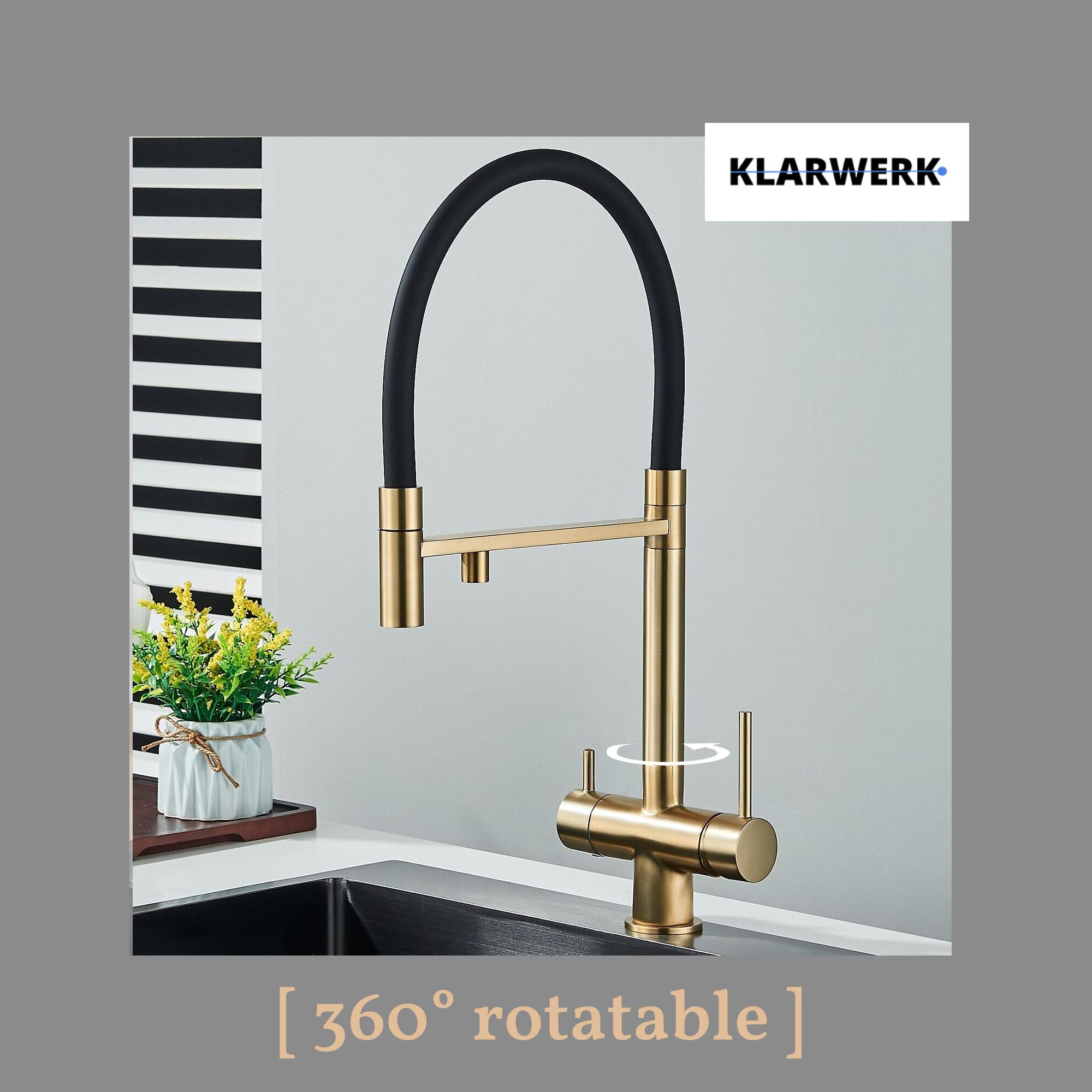 Lana | Rubinetto allungabile nero oro a 3 vie |Miscelatore cucina per acqua potabile in acciaio inossidabile - Girevole a 360° | Filtra 3 connessioni