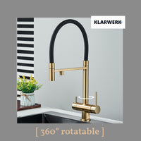 Lana | Rubinetto allungabile nero oro a 3 vie |Miscelatore cucina per acqua potabile in acciaio inossidabile - Girevole a 360° | Filtra 3 connessioni