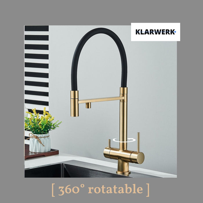 Lana | Rubinetto allungabile nero oro a 3 vie |Miscelatore cucina per acqua potabile in acciaio inossidabile - Girevole a 360° | Filtra 3 connessioni
