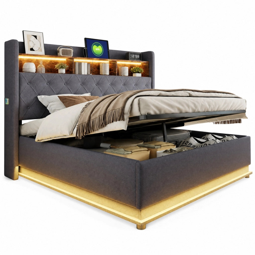 Letto matrimoniale imbottito 180x200 cm con LED; USB e contenitore idraulico; grigio