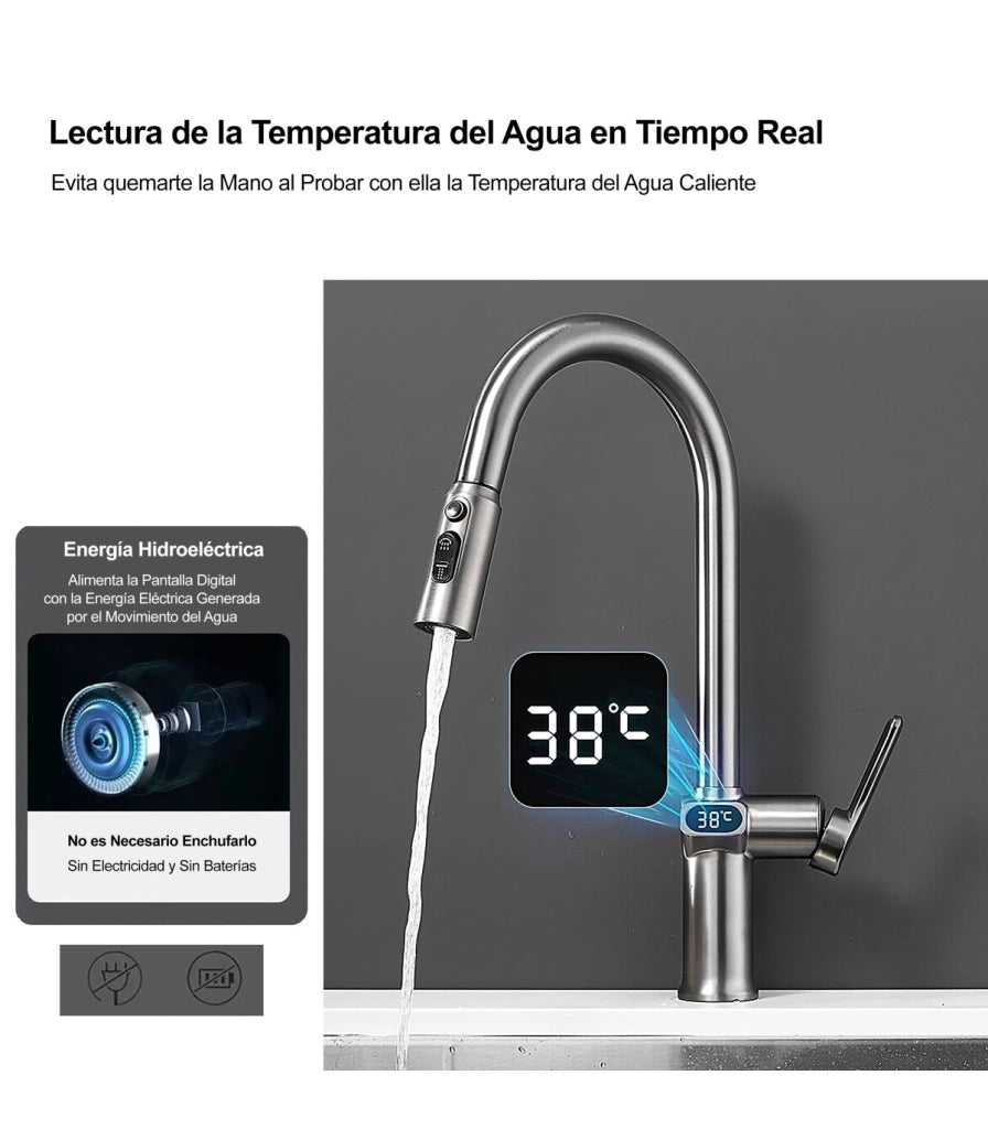 Rubinetto Cucina Display LED Temperatura LH-168 | Lega di Zinco | Estraibile | 3 Modi Acqua