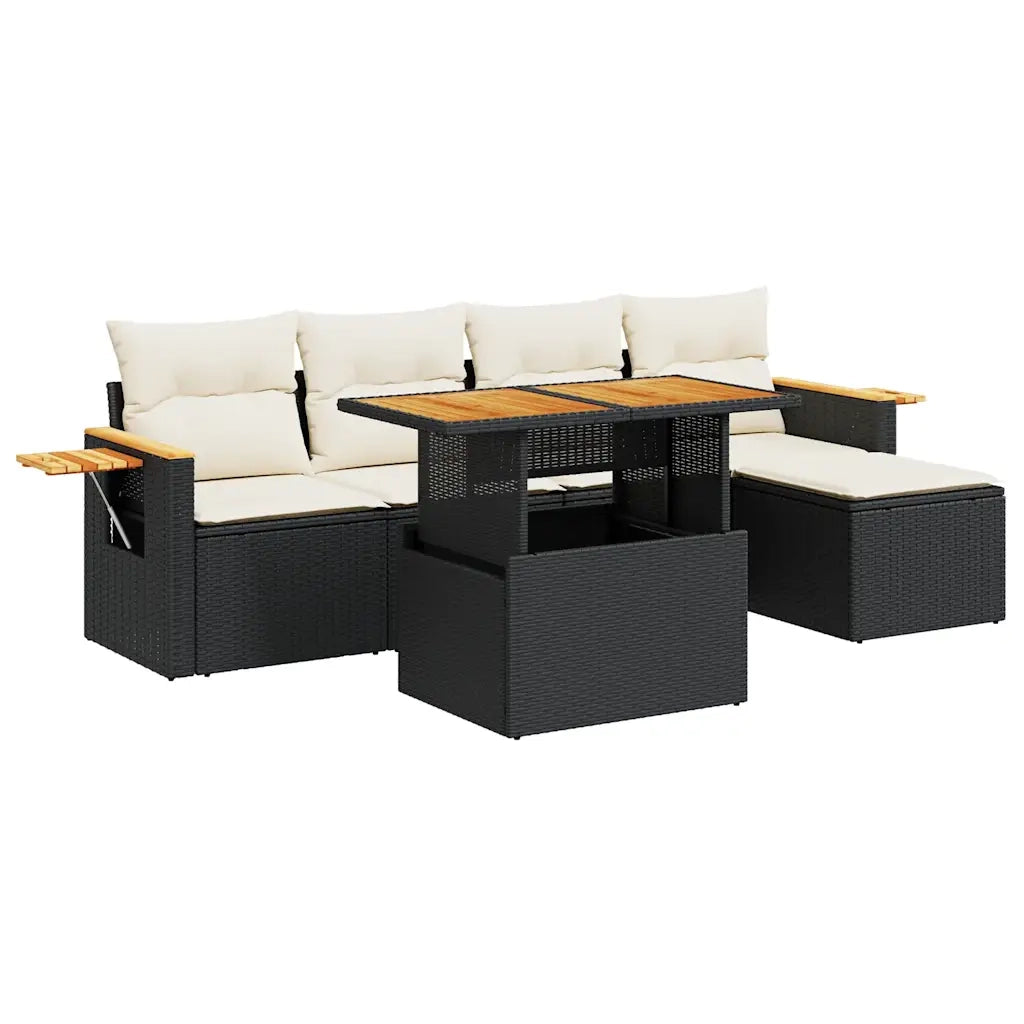 Set Divano da Giardino 6 pz con Cuscini Nero Polyrattan Acacia 3327584