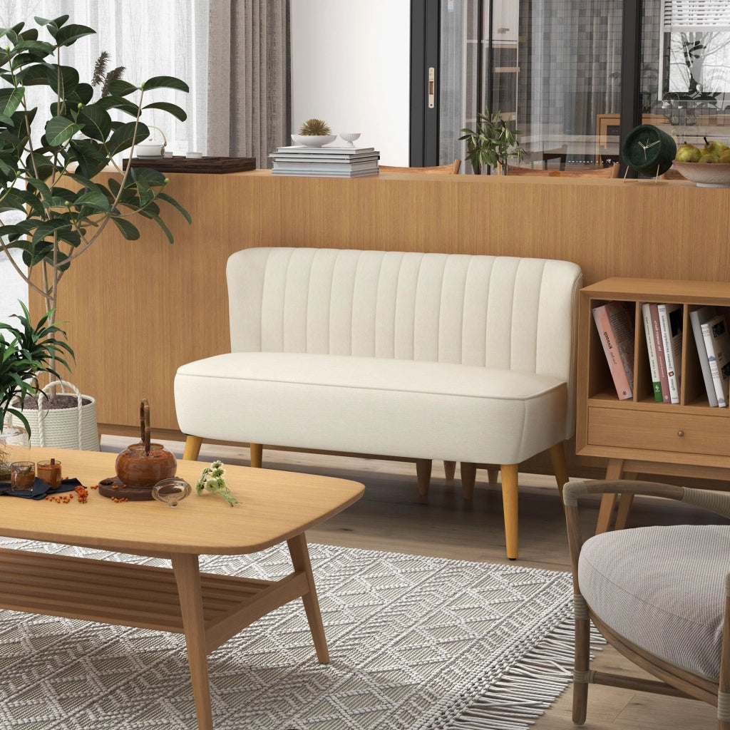 Divano 2 Posti 117x56,5x77 cm Senza Braccioli con Gambe in Legno e Tessuto Effetto Lino Bianco Crema