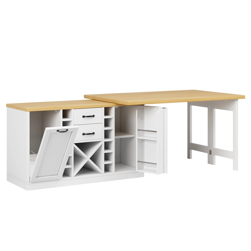 Madia da cucina girevole con 2 cassetti; portabottiglie estraibile e supporto per pattumiera; per cucina; bianco; 120 × 40 × 73.8 cm
