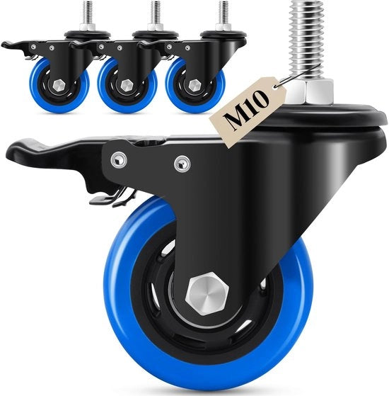 Ruote per mobili 75 mm - Set di 4 ruote pieghevoli - Capacità di carico 540 kg - Con freno - Bucato M10 x 1,5 x 30 mm - Adatto per pesanti carichi