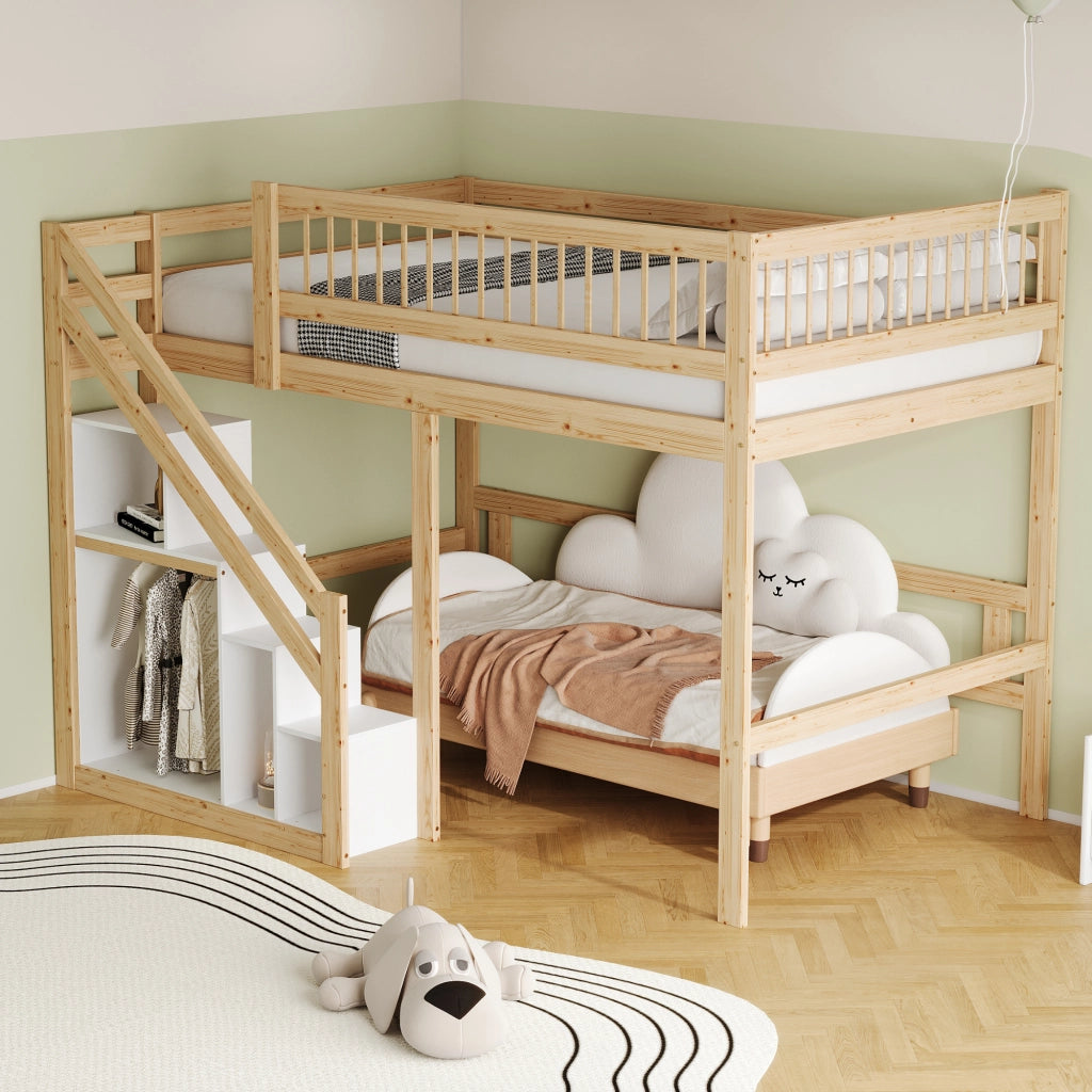 Letto a Soppalco Letto Matrimoniale con Scala Contenitore e Sponda Alta; 140 x 200 cm; senza Materasso