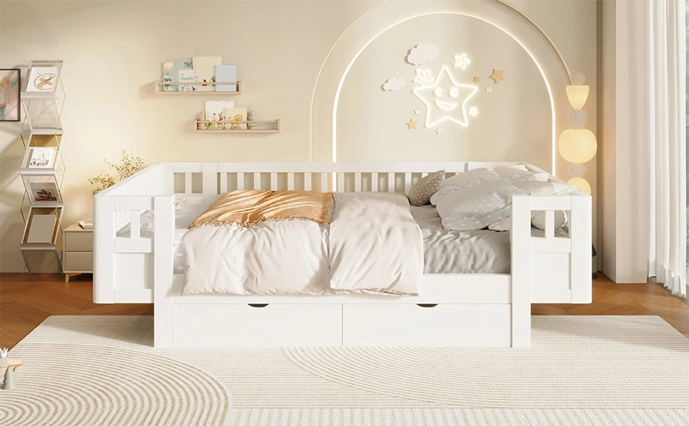 DESMIU Lit enfant 140 × 200 cm con due cassetti e sponda di sicurezza, senza materasso, in legno massiccio e MDF, bianco
