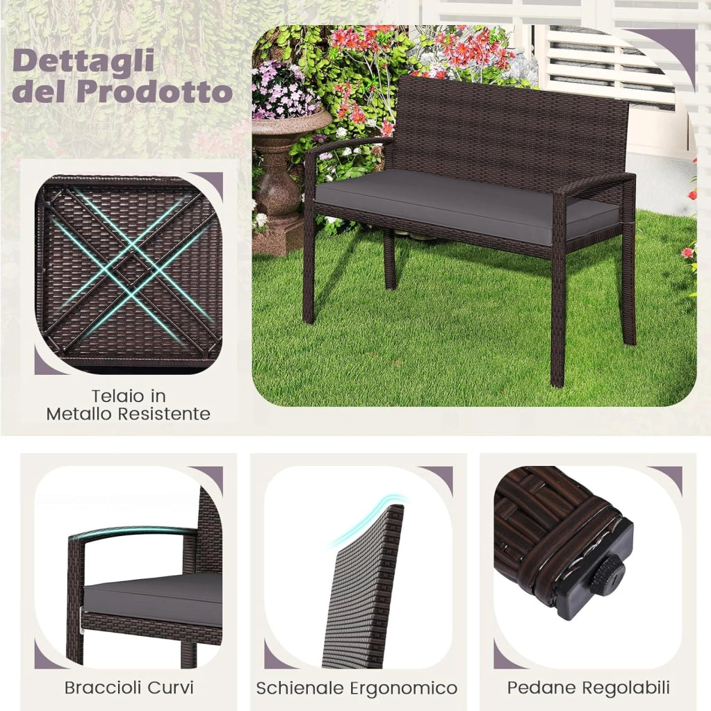 Panchina da Esterno in Rattan PE 110 x 56 x 84 cm, Panchina da Giardino con Morbido Cuscino, Schienale e Braccioli, Poltrona per Veranda, Balcone e Ingresso (Grigio)