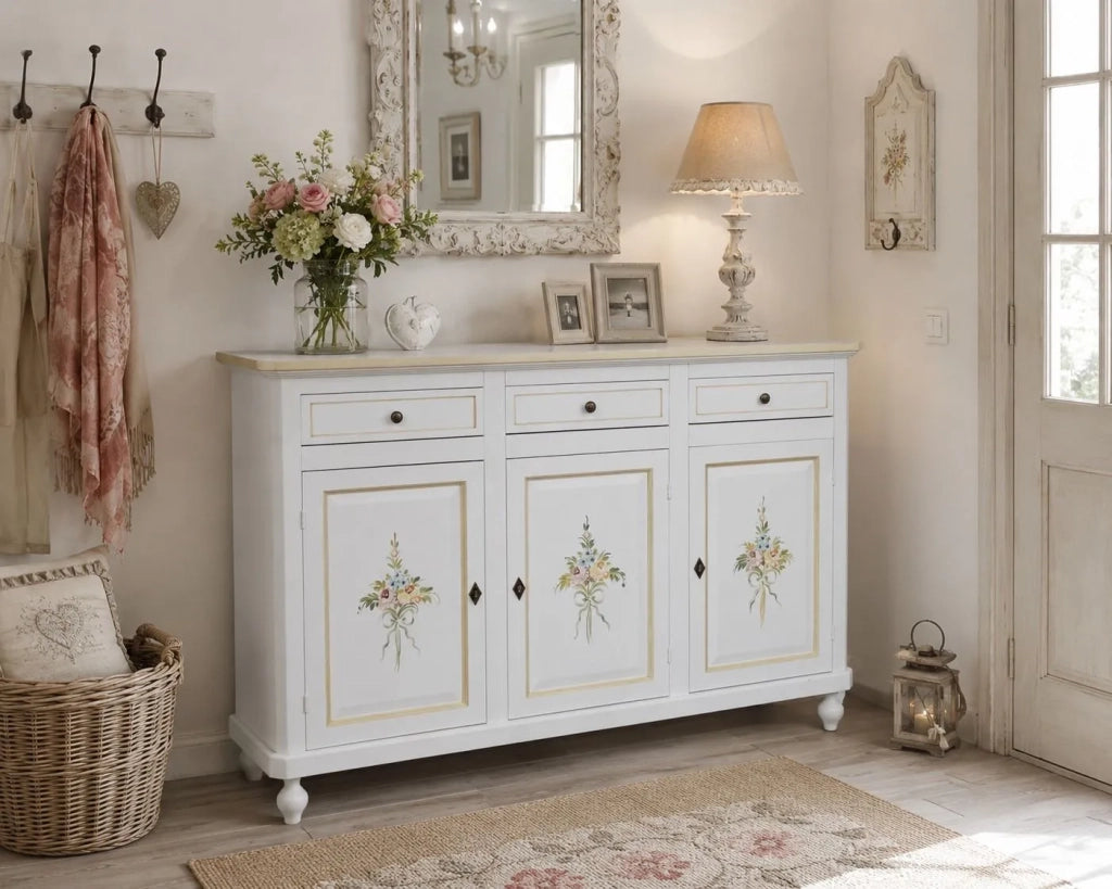 Credenza 3 ante legno bianca decorata filo verde 150x45x98 - Mobili 2G