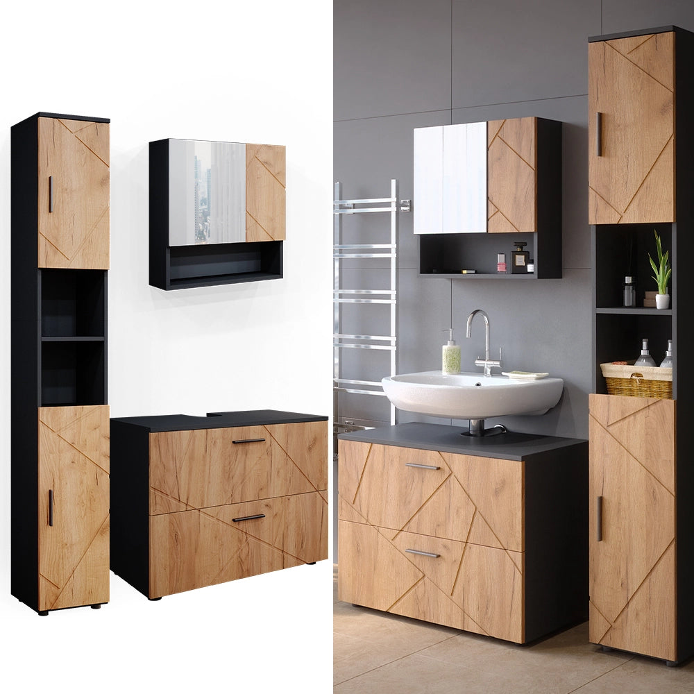 Vicco Set mobili bagno Quercia dorata/antracite 3 parti, con cassettiera e colonna
