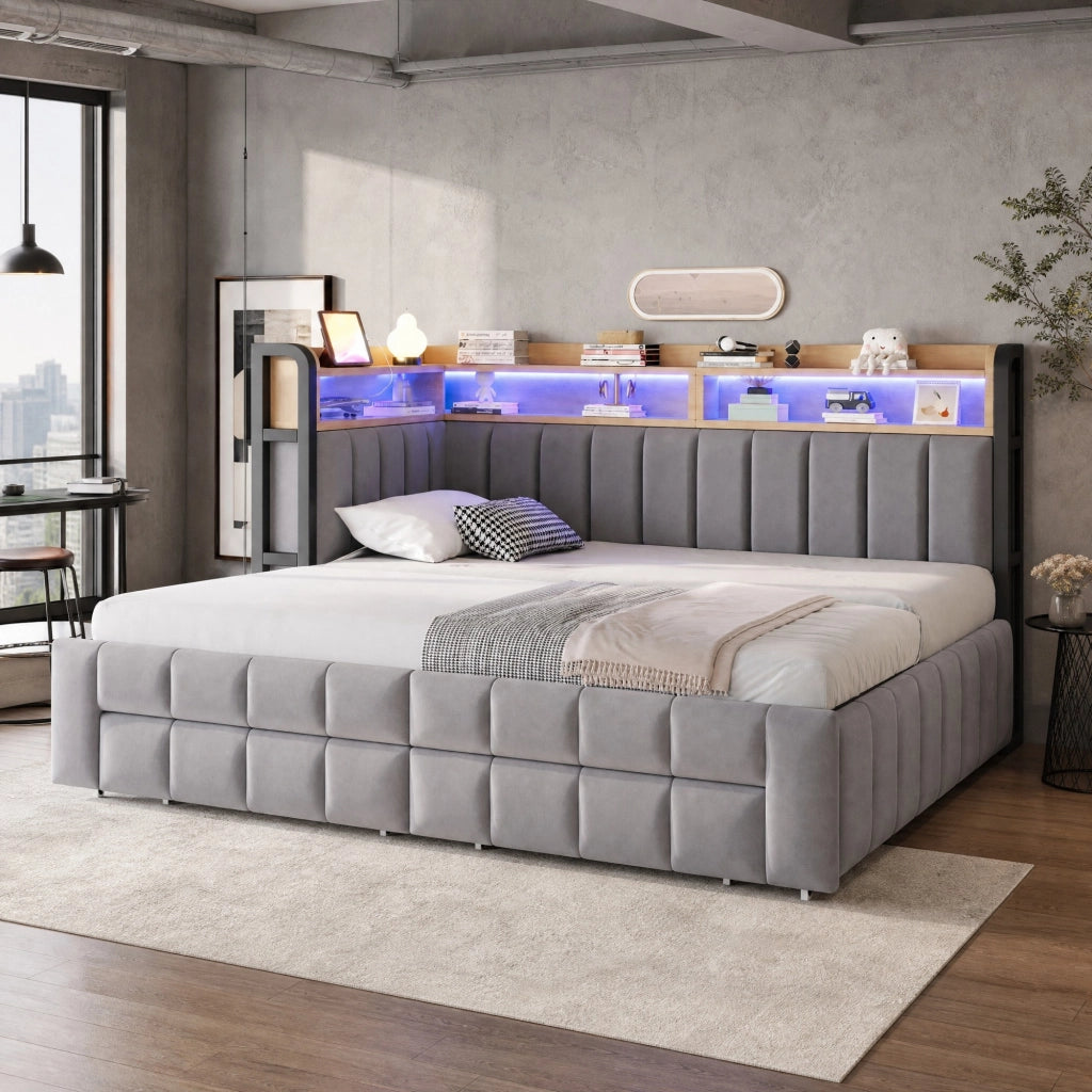 LETTO Divano letto estraibile 90x200 cm in velluto grigio chiaro con LED