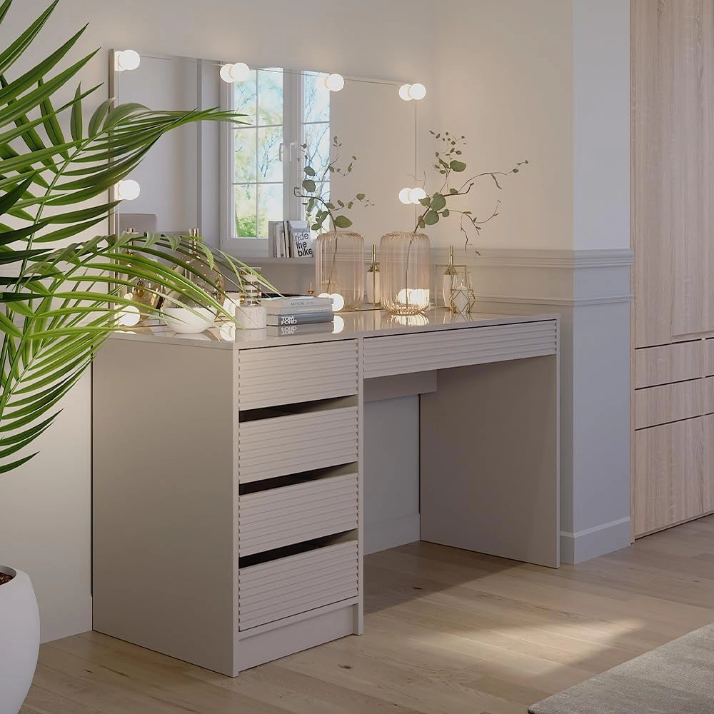 Tavolo da toilette Sherry, Cachemire, 120 cm con specchio e illuminazione a LED, con illuminazione LED e grande specchio rettangolare