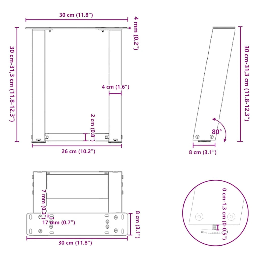 Set di 2 gambe per tavolino da caffè a forma di U dal design moderno 30 x 31 cm con piedini regolabili in acciaio nero 02_0057021