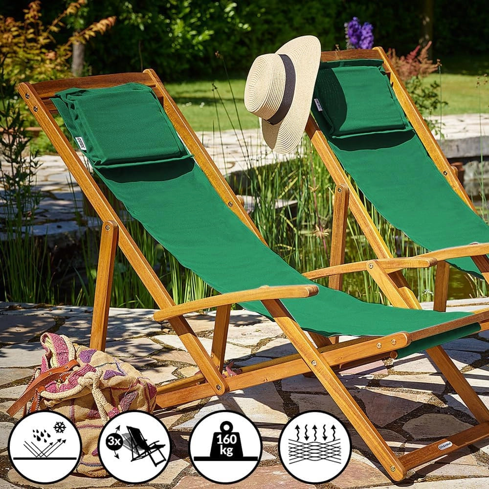 ® Sedia a Sdraio in Legno Acacia Pieghevole con Poggiatesta Traspirante Poltrona Relax Sedie Esterno Giardino