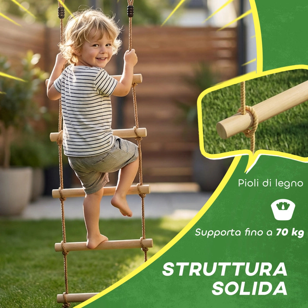 Scaletta per Bambini 3-8 Anni a 5 Pioli con Fibbie e Cinghie, in Legno e PE, color Legno