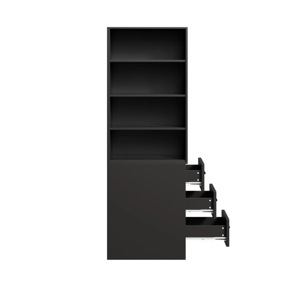 Libreria stretta 60x38x180 cm con 3 cassetti laterali e ripiani regolabili; nera