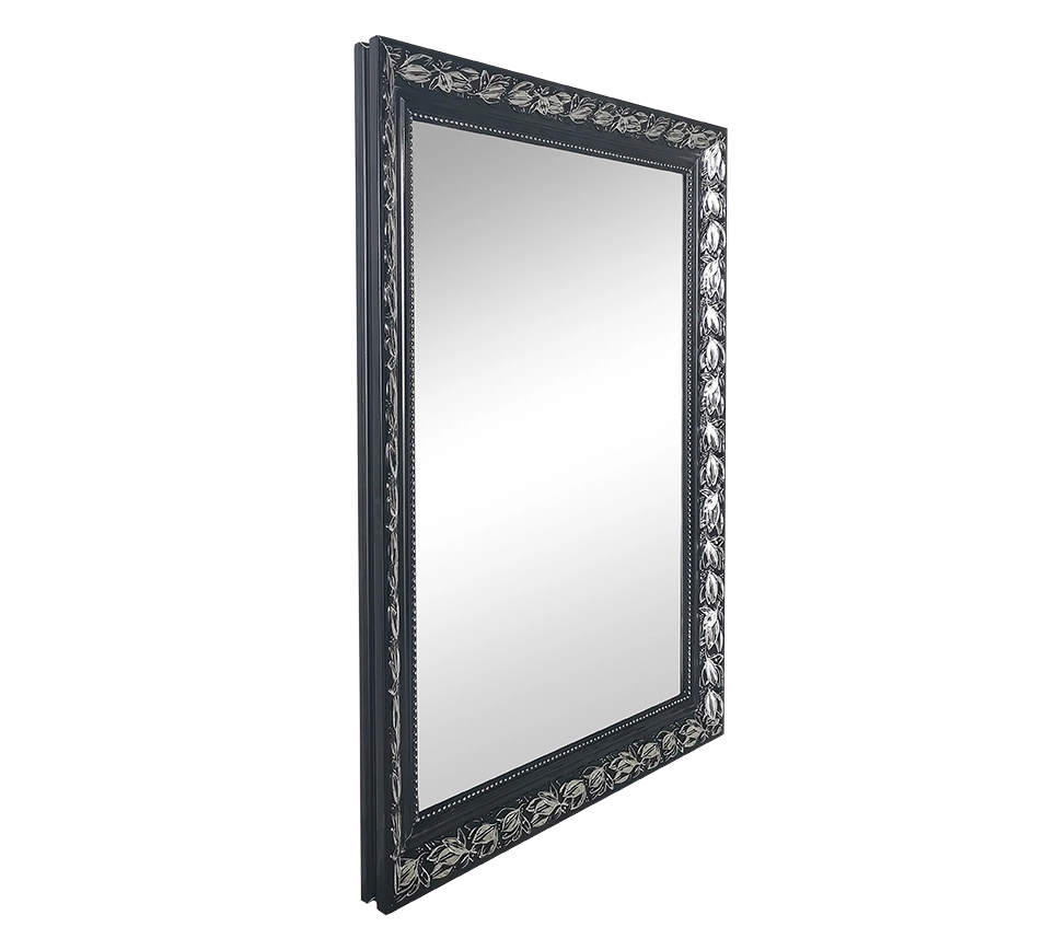 TANJA SPECCHIO DA PARETE CON CORNICE LAVORATA CON GANCI X INSTALLAZIONE ORIZZONTALE E VERTICALE 55X70CM NERO ARGENTO