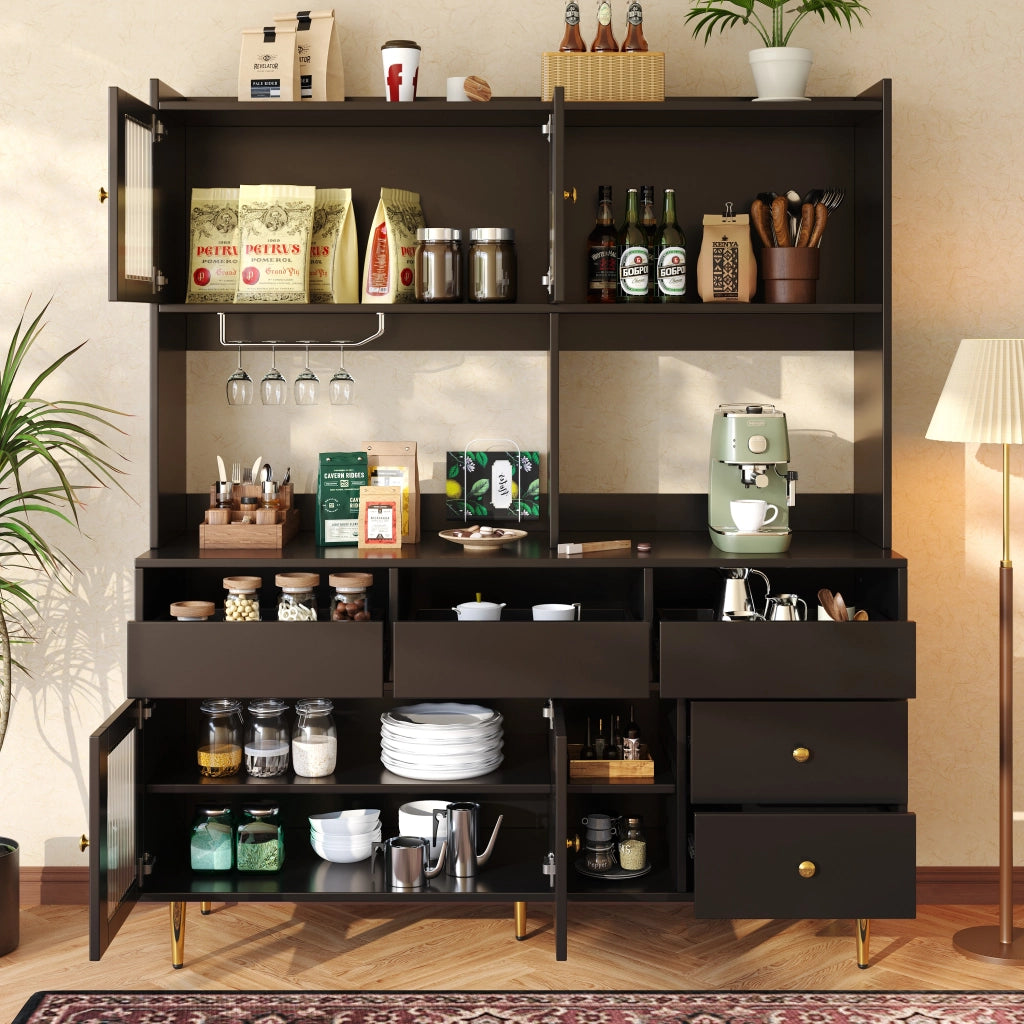 Credenza Alta con Ante in Vetro Rigato; Portabottiglie e Vani Multilivello per Sala da Pranzo; MDF; 145 x 39 x 171 cm; Nero