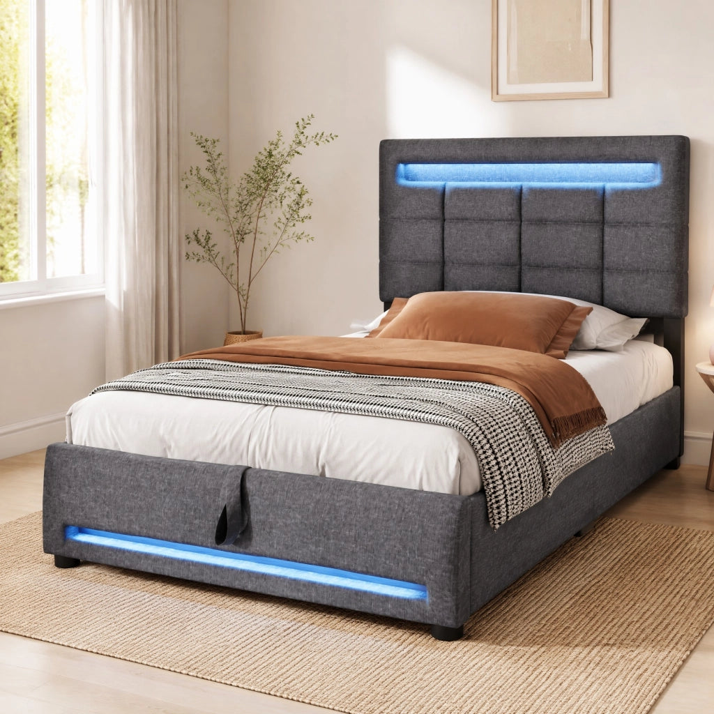Letto imbottito 90x200 cm in lino grigio con LED APP, USB e contenitore idraulico