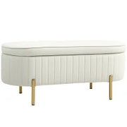 Panca Contenitore Ovale da 72L con Coperchio Sollevabile, in Tessuto Vellutato e Legno, 108x44x43.5 cm, Crema
