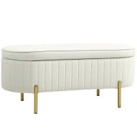 Panca Contenitore Ovale da 72L con Coperchio Sollevabile, in Tessuto Vellutato e Legno, 108x44x43.5 cm, Crema