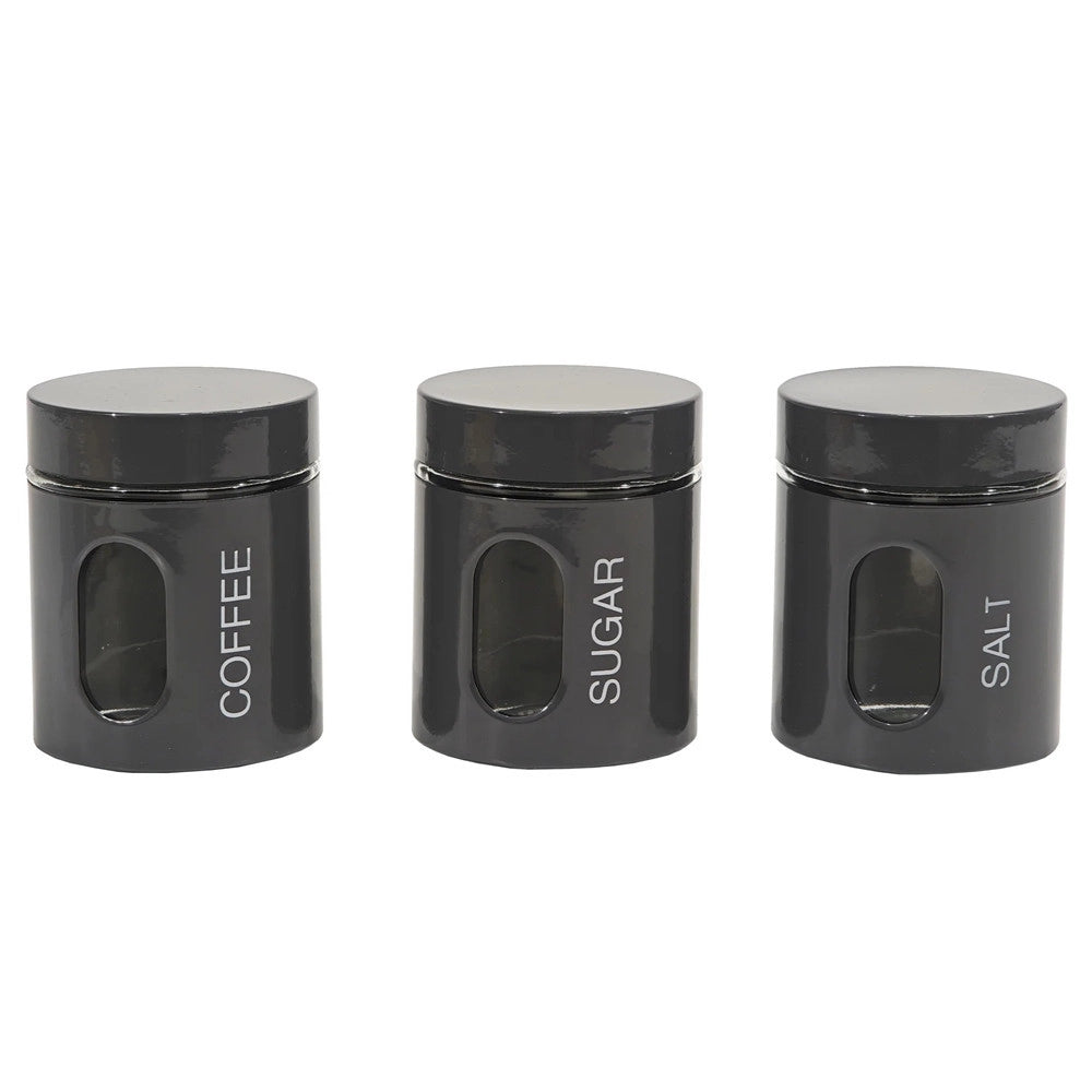 Trade Shop - Set 3 Barattoli Da Cucina In Vetro Acciaio Grigio Lucido Da 75cl Per Caffè Zucchero Sale -