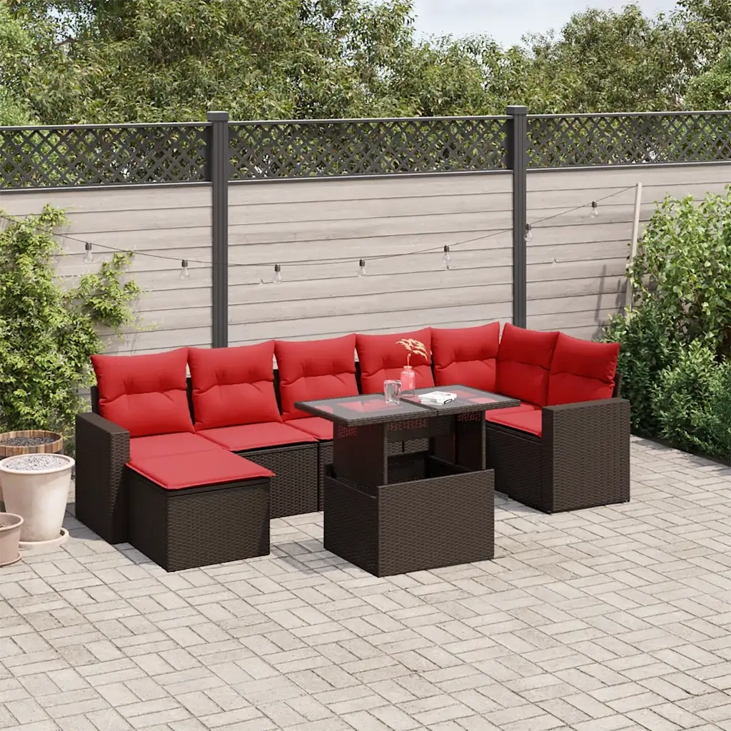 Set Divani da Giardino 8 pz con Cuscini Marrone in Polyrattan 3267434